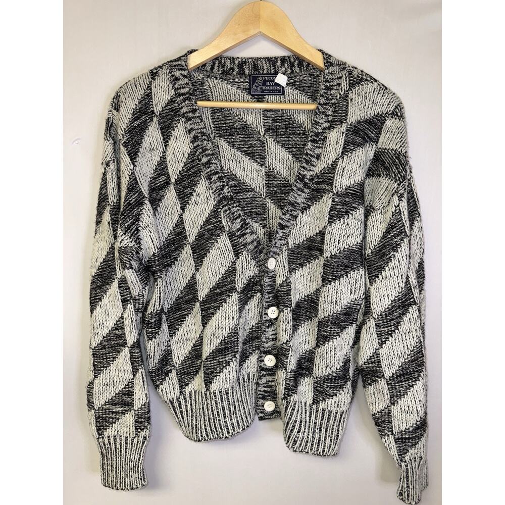Vintage Women’s M Knit Cardigan Geometric Black White Grunge Sweater USA 90s